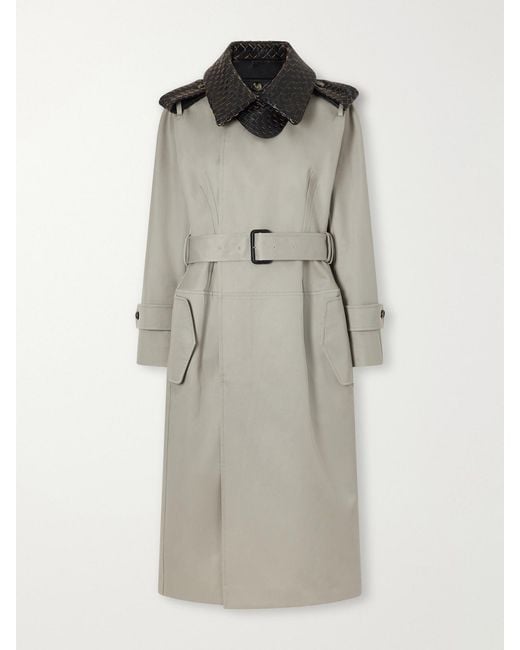 Bottega Veneta Gray Belted Intrecciato Leather-Trimmed Cotton-Gabardine Coat