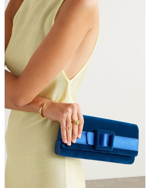Manolo Blahnik Blue Maygot Buckle-Embellished Satin-Trimmed Velvet Clutch
