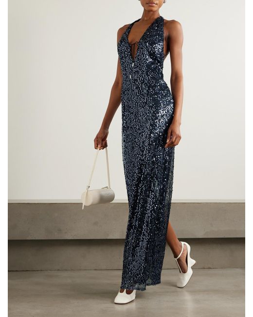 16Arlington Blue Eima Sequined Tulle Halterneck Gown
