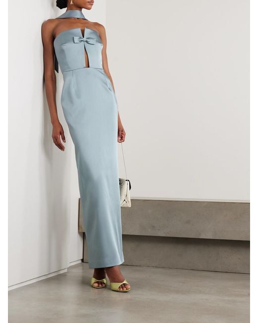The New Arrivals Ilkyaz Ozel Blue Holly Bow-Embellished Cutout Satin Gown