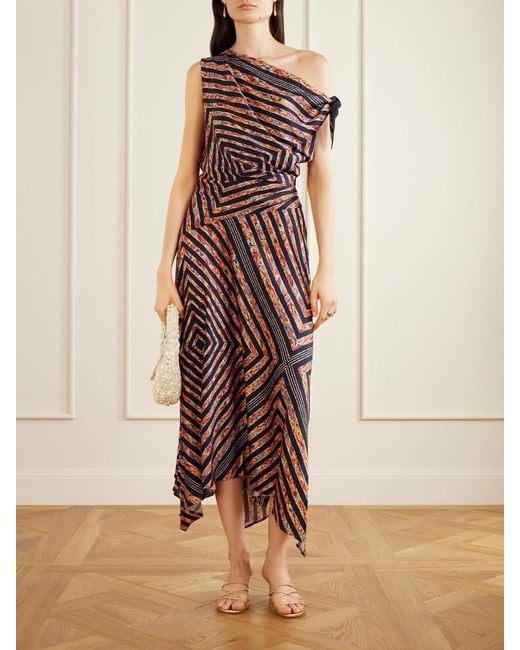 Staud White Portia Ruched Printed Silk-Blend Midi Dress