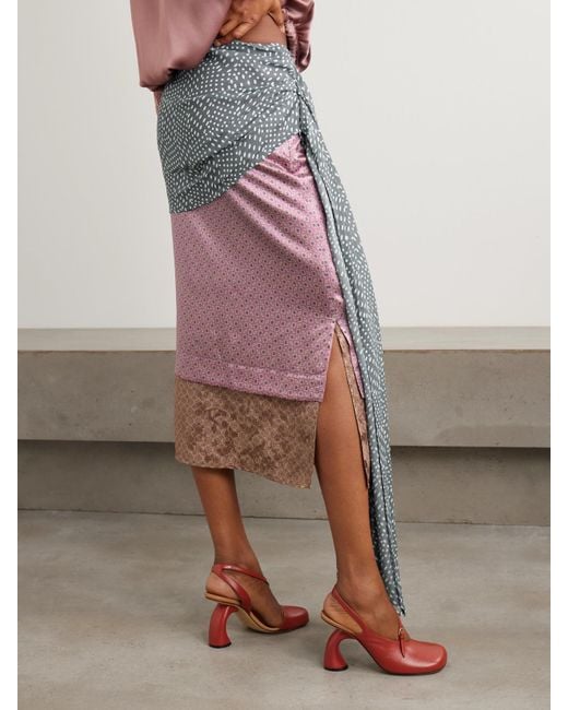 Jupe Midi En Satin Imprimé À Fronces, Drapé Et Superposition Dries Van Noten en coloris Pink