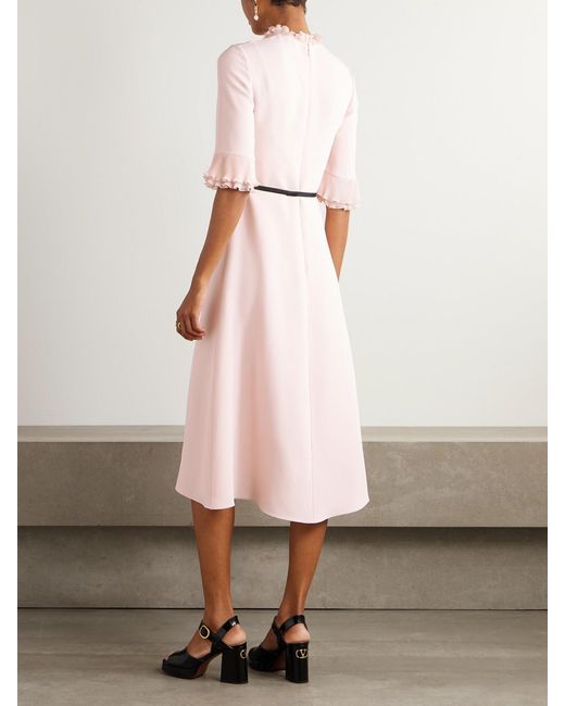 Valentino Garavani Pink Belted Plissé Chiffon-Trimmed Crepe Midi Dress