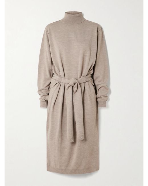 Lemaire Natural Belted Wool-Blend Turtleneck Midi Dress