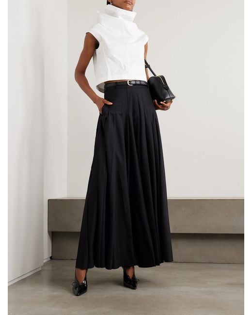 Self-Portrait Black Belted Leather-Trimmed Pleated Twill Maxi Skirt