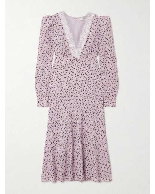 Alessandra Rich Purple Midikleid Aus Crêpe Mit Spitzenbesätzen