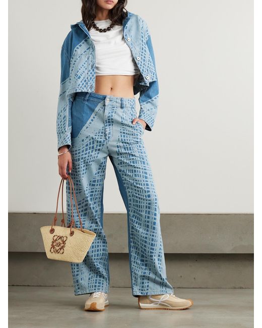 Loewe Blue Paula's Ibiza Hooded Cropped Leather-Trimmed Printed Denim Jacket