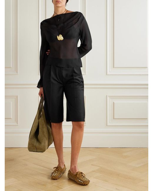 Sir Black Strobe Draped Silk-Chiffon Top