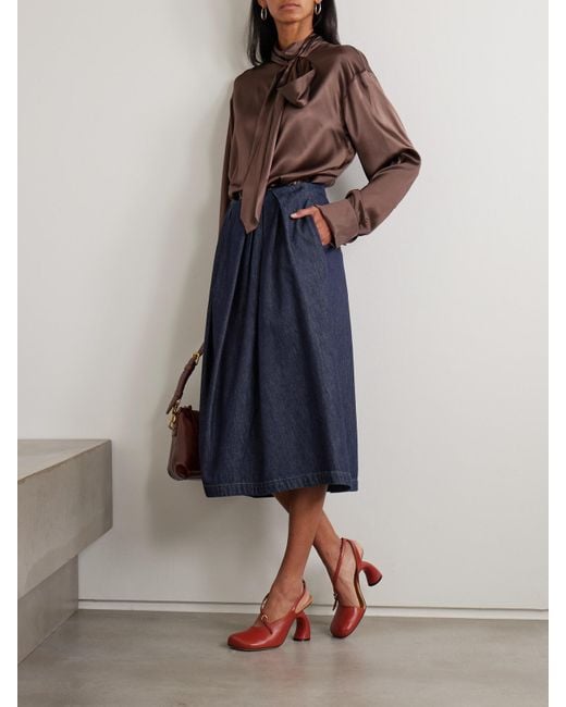 Dries Van Noten Blue Gathered Denim Midi Skirt