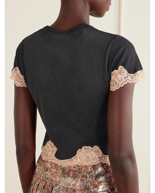 Valentino Garavani Black Cropped Printed Lace-Trimmed Cotton-Jersey T-Shirt