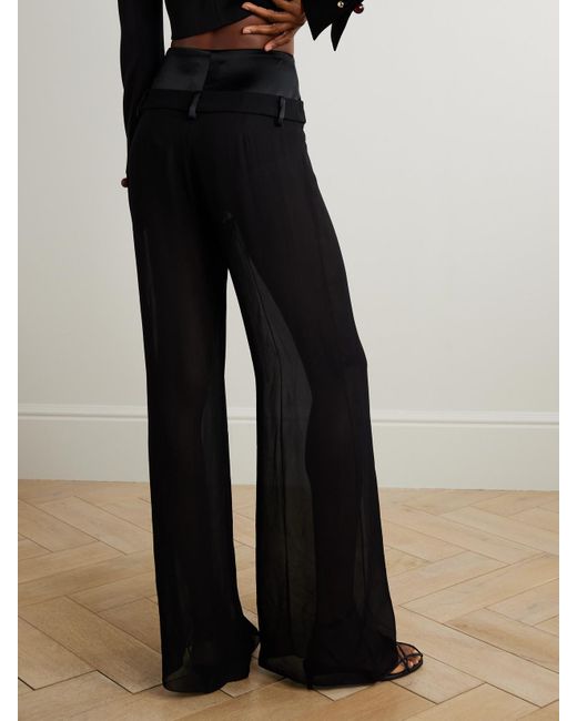 Galvan Black Strata Embellished Satin-Trimmed Georgette Wide-Leg Pants