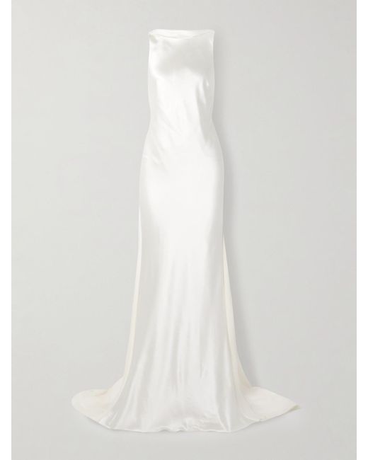 Danielle Frankel White Arlo Open-Back Silk Chiffon-Trimmed Silk And Wool-Blend Satin Gown