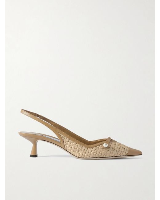 Jimmy Choo Natural Amita 45 Faux Pearl-Embellished Leather-Trimmed Raffia Slingback Pumps