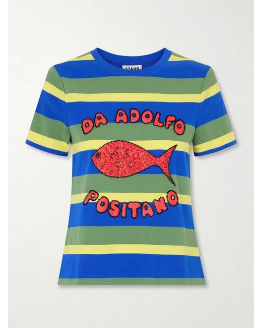 Staud Blue Da Adolfo Weekender Striped Printed Cotton-Blend T-Shirt