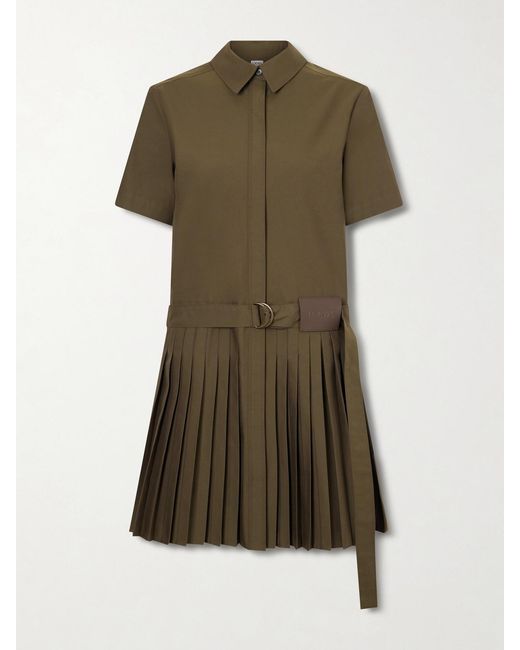 Loewe Green Belted Pleated Cotton-Blend Mini Shirt Dress