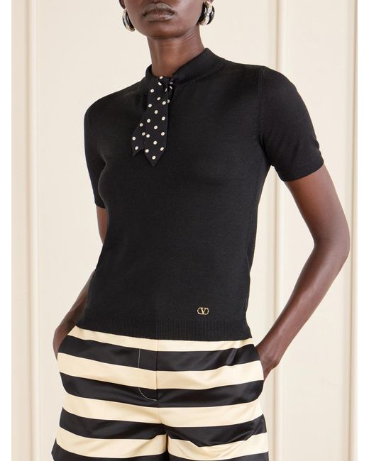 Valentino Garavani Black Silk-Trimmed Wool-Blend Knit Polo Shirt