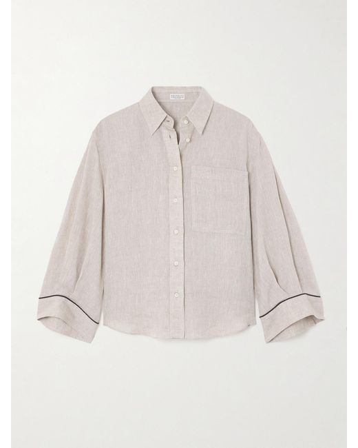 Brunello Cucinelli Natural Bead-Embellished Linen Shirt