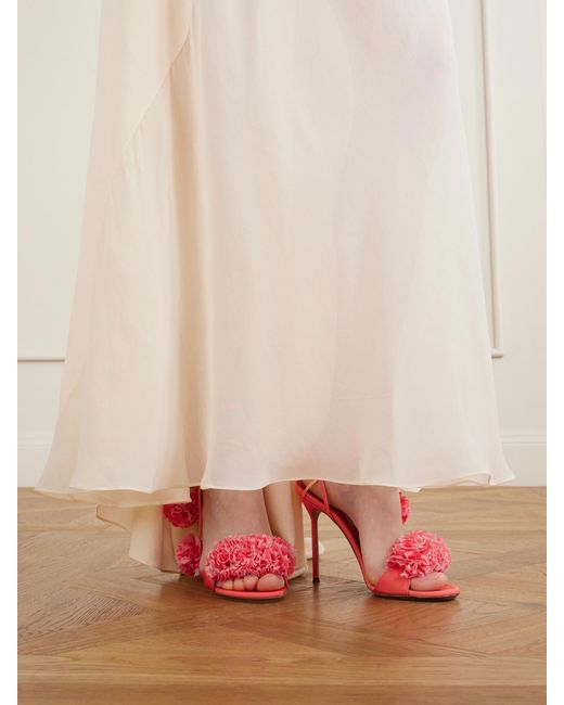 Aquazzura Red Cherry Kiss 105 Ruffled Chiffon And Leather-Trimmed Grosgrain Sandals