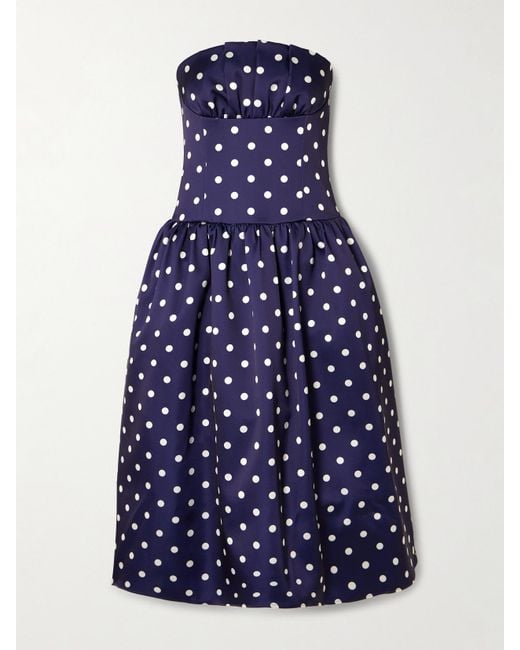 Self-Portrait Blue Strapless Pleated Polka-Dot Satin Midi Dress