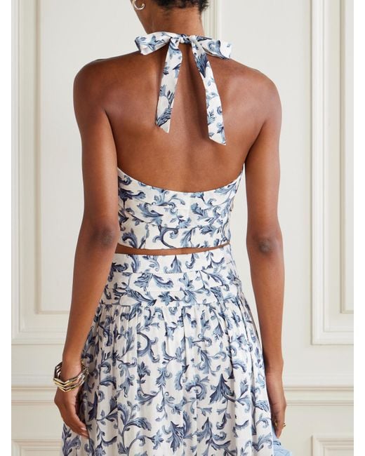 Posse Blue Rue Cropped Pleated Printed Linen And Silk-Blend Halterneck Top