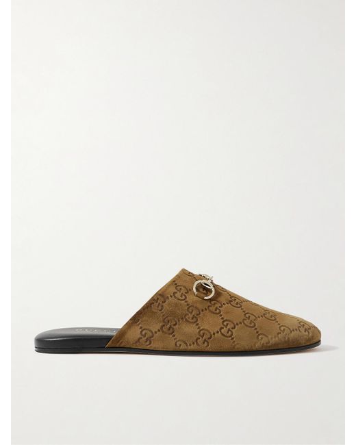 Gucci Brown Horsebit-Detailed Debossed Suede Slippers