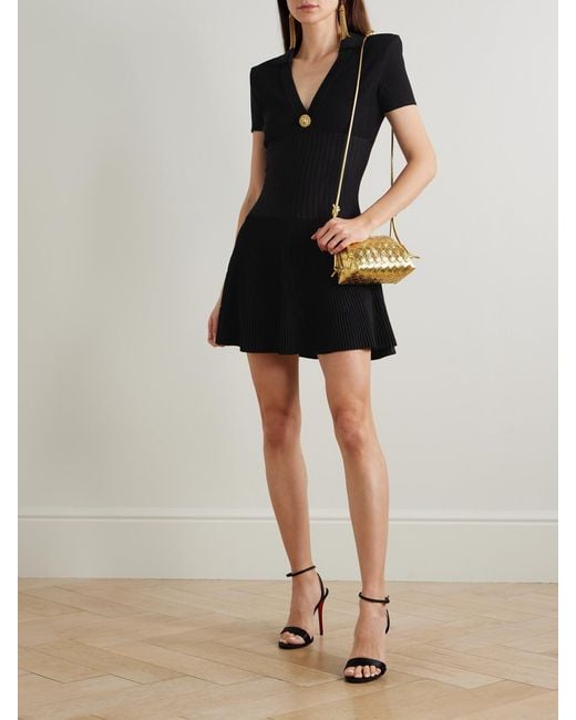 Balmain Black Button-Embellished Ribbed Knit Mini Dress