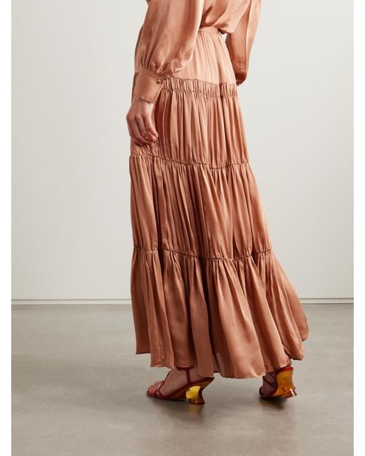 Ulla Johnson Brown Gaelle Tiered Gathered Silk Maxi Skirt