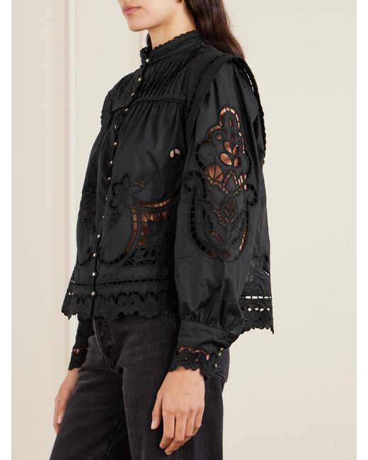 Farm Rio Black Richilieu Pleated Broderie Anglaise Cotton Blouse
