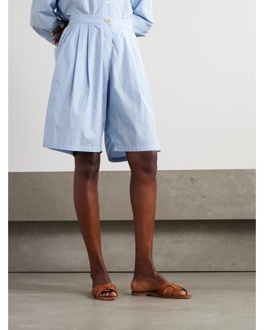 Thierry Colson Blue Striped Pleated Cotton-Poplin Shorts