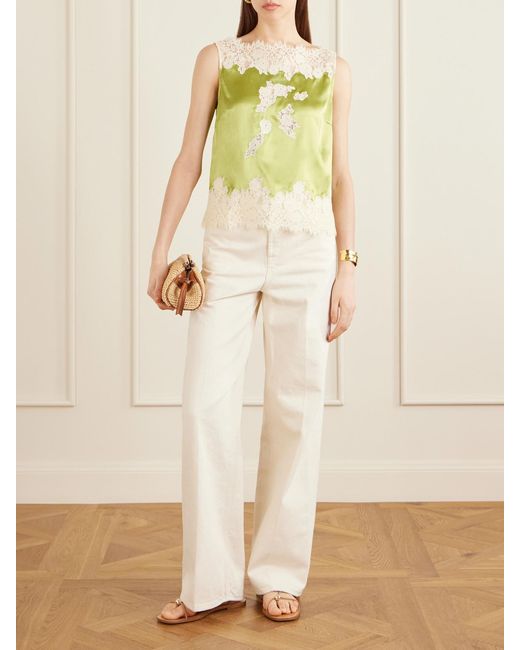 Doen Yellow Viviane Lace-Trimmed Silk-Satin Top