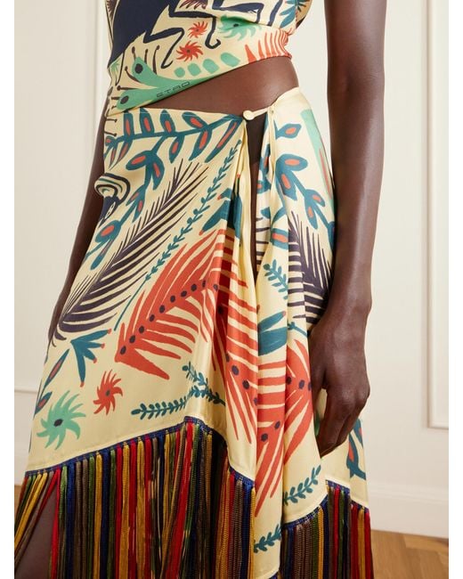 Etro White Asymmetric Fringed Printed Silk-Twill Mini Skirt