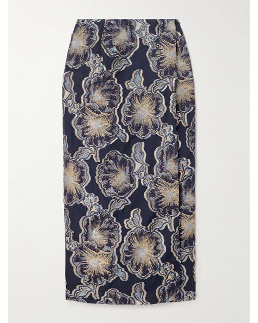 D'Estree Gray Vera Barocco Wrap-Effect Metallic Fil Coupé Midi Skirt