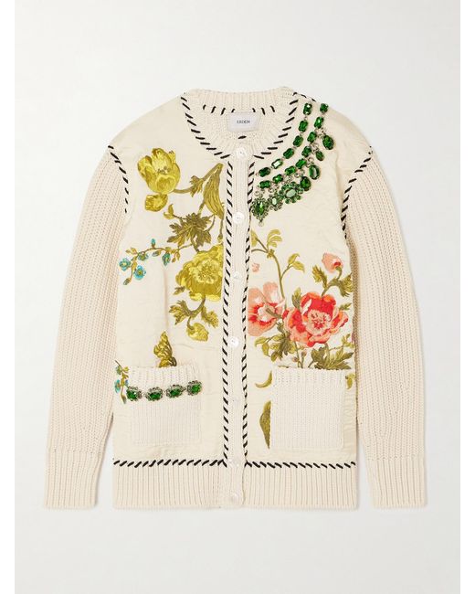 Erdem Natural Embellished Embroidered Faille And Ribbed Cotton-Blend Cardigan