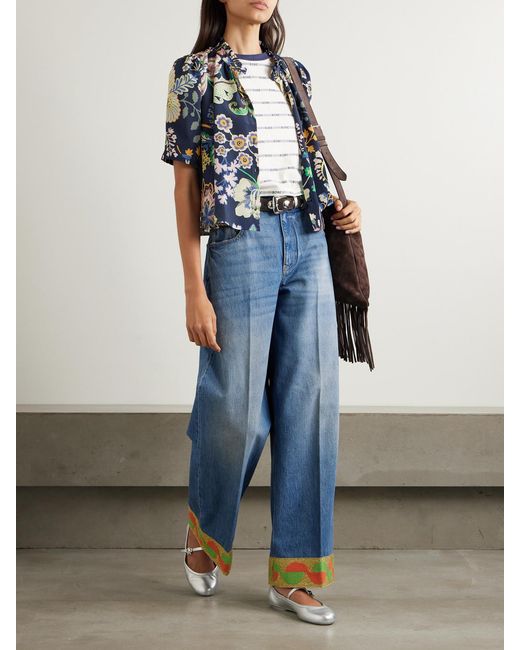 Alix Of Bohemia Blue Winn Cropped Printed Silk Crepe De Chine Shirt