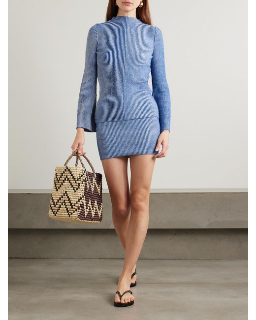 Escvdo Blue Dual Paneled Ribbed Cotton Turtleneck Sweater