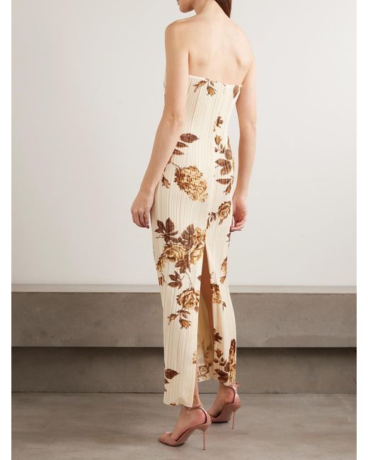 Magda Butrym Natural Strapless Floral-Print Plissé-Crepe Midi Dress