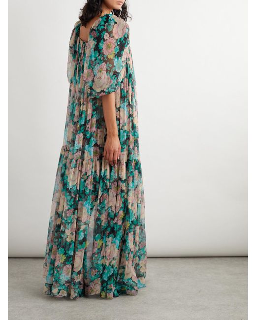 Chloé Green Maxikleid Aus Seidenmusselin Mit Blumenprint Und Raffungen