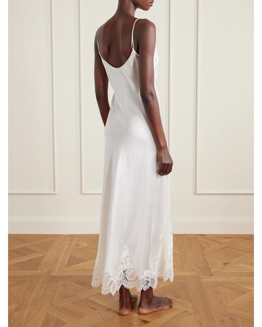 Carine Gilson White Lace-Trimmed Floral-Embroidered Silk-Satin Nightdress