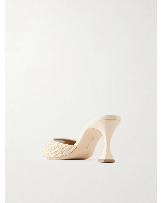 Manolo Blahnik Natural Jadara 70 Leather-Trimmed Raffia Mules