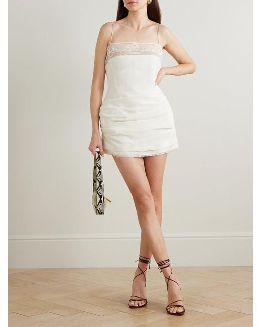 Magda Butrym White Lace-Trimmed Gathered Silk Mini Dress