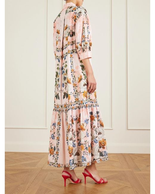 Borgo De Nor Pink Bianca Belted Printed Linen And Cotton-Blend Midi Dress