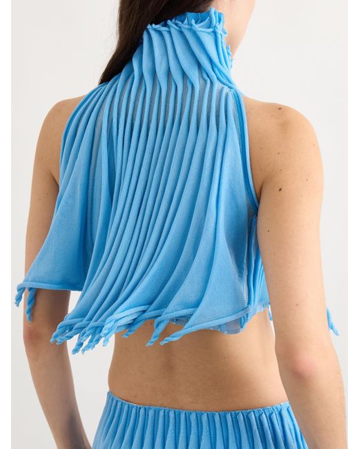 Alaïa Blue Cropped Pleated Knitted Turtleneck Top