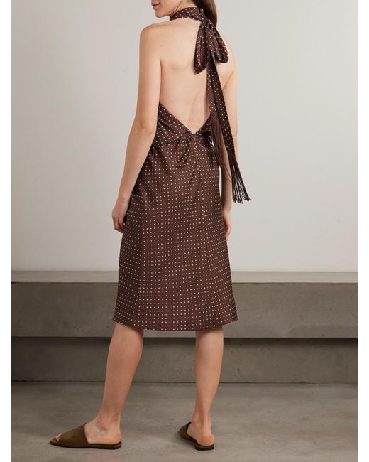 Posse Brown Phoebe Polka-Dot Tencel Lyocell Halterneck Midi Dress