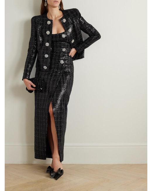 Balmain Black Strapless Embellished Sequined Metallic Tweed Gown