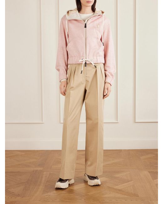 Moncler Pink Appliquéd Canvas-Trimmed Linen And Cotton-Blend Zip-Up Hoodie