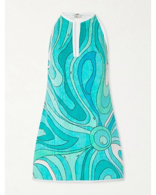 Emilio Pucci Blue Printed Cotton-Terry Halterneck Mini Dress