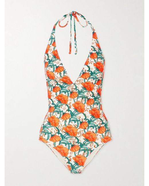 LaDoubleJ White Orlebar Floral-Print Halterneck Swimsuit