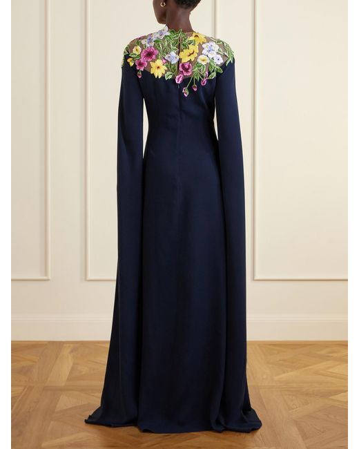 Oscar de la Renta Blue Cape-Effect Floral-Embroidered Silk-Blend Georgette Gown