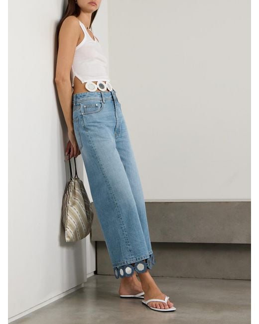 Stella McCartney Blue Cropped Embellished Crochet-Trimmed Mid-Rise-Wide-Leg Jeans
