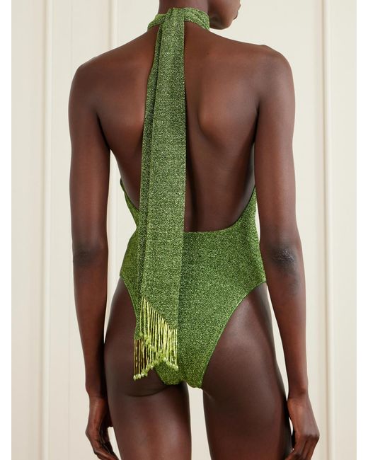 Oseree Green Lumière Scarf-Detailed Embellished Metallic Swimsuit